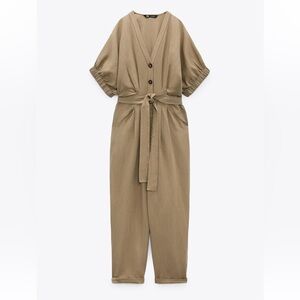 Zara Belted Linen Blend Jumpsuit